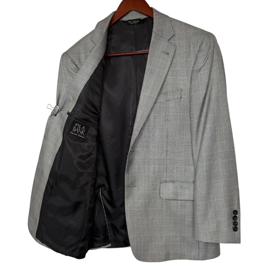 Jos A Bank Signature Sport Coat 40S‎ Silk Wool Gray Plaid Tailored Fit Blazer